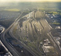 Aerial view shunting yard and freight yard in backlight in Hamm, Ruhr area, North Rhine-Westphalia,