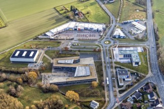 Aerial view Konrad-Adenauer Realschule and Rewe Räker supermarket in Hamm, Ruhr area, North