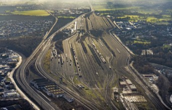 Aerial view shunting yard and freight yard in backlight in Hamm, Ruhr area, North Rhine-Westphalia,