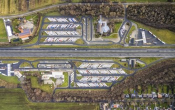 Aerial view motorway service area Rhynern-Nord and Rhynern-Süd on the A2 motorway, truck parking,