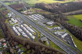 Aerial view motorway service area Rhynern-Nord and Rhynern-Süd on the A2 motorway, truck parking,