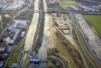 Aerial view construction area new building water sports centre at Adenauerallee at Hammonense