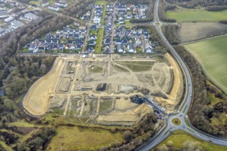 Construction area at Sachsenring with roundabout with housing estate in the district of Heessen in