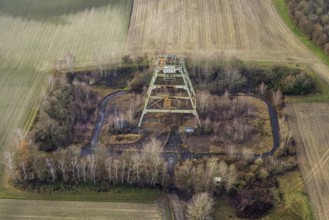 Aerial view Radbod colliery shaft 6, sinking tower field Donar farm Kurrick on Nordicker Straße in