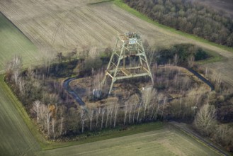 Aerial view Radbod colliery shaft 6, sinking tower field Donar farm Kurrick on Nordicker Straße in