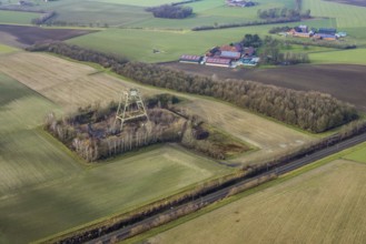Aerial view Radbod colliery shaft 6, sinking tower field Donar farm Kurrick on Nordicker Straße in