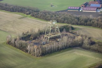 Aerial view Radbod colliery shaft 6, sinking tower field Donar farm Kurrick on Nordicker Straße in