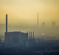 Aerial view of RWE Power AG power plant Gersteinwerk in backlight and STEAG power plant Bergkamen