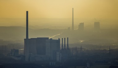 Aerial view of RWE Power AG power plant Gersteinwerk in backlight and STEAG power plant Bergkamen