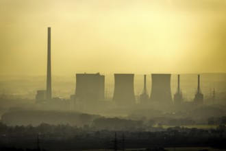 Aerial view of RWE Power AG power plant Gersteinwerk in backlight in Hamm, Ruhr area, North