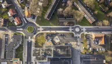 Aerial view of Rathauscenter and new roundabout Friedrich-Ebert-Straße in Hamm, Ruhr area, North