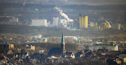 Aerial view of St. Pancratius Church with view to the harbour in Hamm, Ruhr area, North