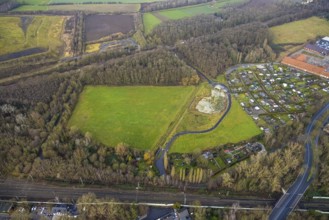 Aerial view source of the Hoppeibach at Pelkum railway station with field and building area Kamemer