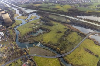 Aerial view of the nature reserve Am Tibaum, river Lippe meander and Datteln-Hamm canal, water weir