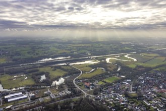 Aerial view of the nature reserve Am Tibaum, river Lippe meander and Datteln-Hamm canal, water weir