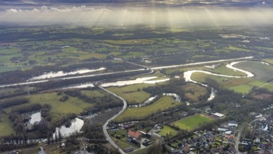 Aerial view of the nature reserve Am Tibaum, river Lippe meander and Datteln-Hamm canal, water weir