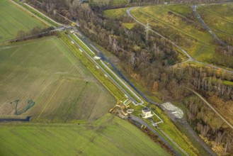 Aerial view path at Herringer Bach in Hamm, Ruhr area, North Rhine-Westphalia, Germany, DE, Europe,
