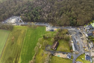 Aerial view Hoppeibach Pelkum and Herringen with construction road near Bocksheideweg in Hamm, Ruhr