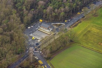 Aerial view Hoppeibach Pelkum and Herringen with construction road near Bocksheideweg in Hamm, Ruhr