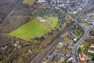 Aerial view source of Hoppeibach at Pelkum railway station with field and building area Kamemer