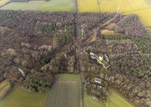 Aerial view of Ost Schacht Sandbochum mine in a forest area, steag substation Sandbochum,