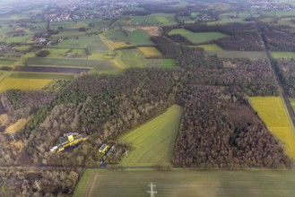 Aerial view of Ost Schacht Sandbochum mine in a forest area, steag substation Sandbochum,