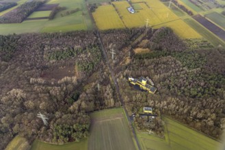 Aerial view of Ost Schacht Sandbochum mine in a forest area, steag substation Sandbochum,
