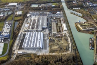Aerial view Goldbeck concrete elements at the Datteln-Hamm Canal in Hamm, Ruhr area, North