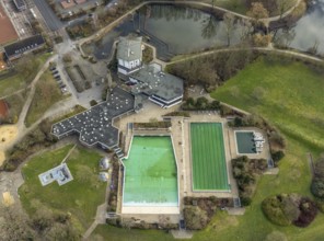 Aerial view Hotel Selbachpark with outdoor pool Selbachpark, Hamm, Ruhr area, North