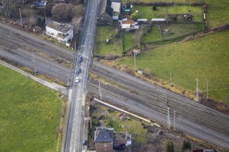 Aerial view railway crossing Wiescherhöfener Straße in Hamm, Ruhr area, North Rhine-Westphalia,