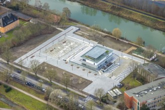 Aerial view construction area new water sports centre at the Adenauerallee at the Hammonense