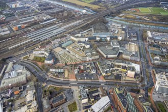 Aerial view city centre view commercial buildings Bahnhofstraße in Hamm, Ruhr area, North