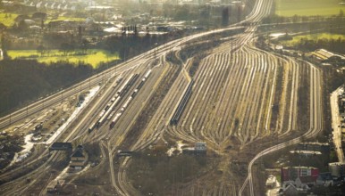 Aerial view shunting yard and freight yard in backlight in Hamm, Ruhr area, North Rhine-Westphalia,