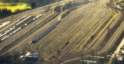 Aerial view shunting yard and freight yard in backlight in Hamm, Ruhr area, North Rhine-Westphalia,