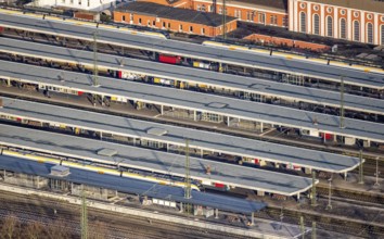 Aerial view Hamm main station in Hamm, Ruhr area, North Rhine-Westphalia, Germany, railway tracks,