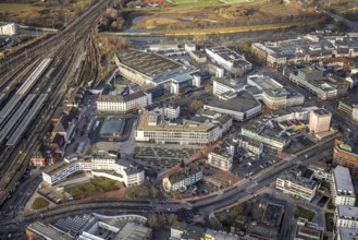 Aerial view Hamm main station with city centre view in Hamm, Ruhr area, North Rhine-Westphalia,