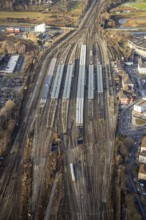 Aerial view Hamm main station in Hamm, Ruhr area, North Rhine-Westphalia, Germany, railway tracks,