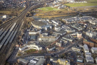 Aerial view Hamm main station with city centre view in Hamm, Ruhr area, North Rhine-Westphalia,