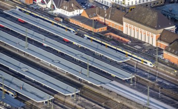 Aerial view Hamm main station in Hamm, Ruhr area, North Rhine-Westphalia, Germany, railway tracks,