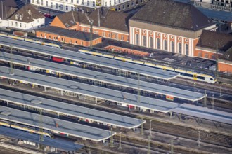 Aerial view Hamm main station in Hamm, Ruhr area, North Rhine-Westphalia, Germany, railway tracks,