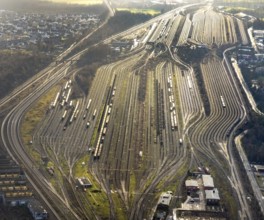 Aerial view shunting yard and freight yard in backlight in Hamm, Ruhr area, North Rhine-Westphalia,