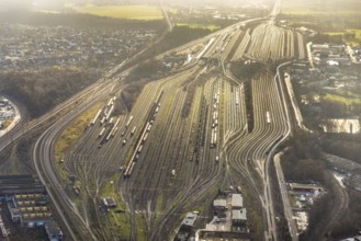 Aerial view shunting yard and freight yard in backlight in Hamm, Ruhr area, North Rhine-Westphalia,
