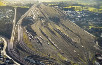 Aerial view shunting yard and freight yard in backlight in Hamm, Ruhr area, North Rhine-Westphalia,