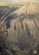 Aerial view shunting yard and freight yard in backlight in Hamm, Ruhr area, North Rhine-Westphalia,