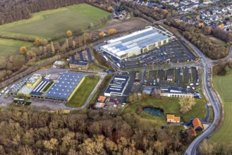 Aerial view commercial area mountains with transport company Hamm, Auto Zentrum Dr. Mertens, garden