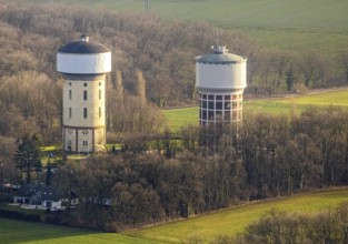 Aerial view water towers Hamm-Berge in Hamm, Ruhr area, North Rhine-Westphalia, Germany, DE,