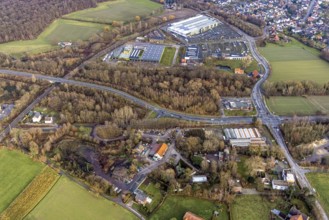 Aerial view commercial area mountains with transport company Hamm, Auto Zentrum Dr. Mertens, garden