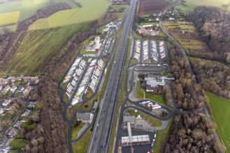 Aerial view motorway service area Rhynern-Nord and Rhynern-Süd on the A2 motorway, truck parking,
