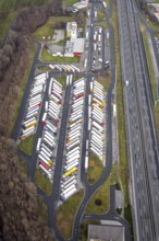 Aerial view motorway service area Rhynern-Nord and Rhynern-Süd on the A2 motorway, truck parking,