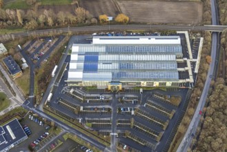 Aerial view commercial area mountains with garden centre Hesse, Rhynern, Hamm, Ruhr area, North